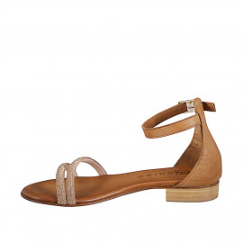 Chaussure ouverte pour femmes avec courroie et fermeture éclair en cuir cognac et lanières avec strass or, talon 2 - Pointures disponibles:  33, 34, 35, 42, 43, 44, 45, 46 2