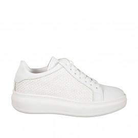 Woman's laced shoe with removable insole in white leather and braided fraffia fabric wedge heel 4 - Available sizes:  32, 33, 34, 35, 42, 43, 44, 45, 46