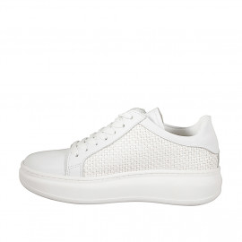 Chaussure à lacets pour femmes avec semelle amovible en cuir blanc et tissu en raphia tressé talon compensé 4 - Pointures disponibles:  32, 33, 34, 35, 42, 43, 44, 45, 46 2