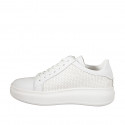 Chaussure à lacets pour femmes avec semelle amovible en cuir blanc et tissu en raphia tressé talon compensé 4 - Pointures disponibles:  32, 33, 34, 35, 42, 43, 44, 45, 46