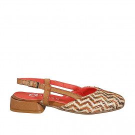 Slingback pour femmes avec bout arrondi en cuir cognac et tissu raphia multicolore à motif zigzag vertical, talon 2 - Pointures disponibles:  34, 44, 46