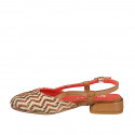 Slingback da donna a punta tonda in pelle cuoio e raffia multicolore con motivi a zig-zag verticali,  tacco 2 - Misure disponibili: 34, 44, 46