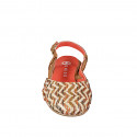 Slingback pour femmes avec bout arrondi en cuir cognac et tissu raphia multicolore à motif zigzag vertical, talon 2 - Pointures disponibles:  34, 44, 46