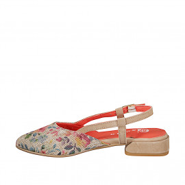 Slingback a punta da donna in camoscio taupe e tessuto corda con stampa floreale multicolore tacco 2 - Misure disponibili: 32, 33, 34, 42, 43, 44, 45, 46 2