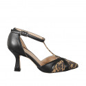 Chaussure ouverte à bout pointu avec courroie en T pour femmes en cuir noir et daim tacheté et talon 7 - Pointures disponibles:  31, 32, 33, 34, 42, 43, 44, 45