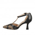 Zapato abierto a punta para mujer con cinturón a Charleston en piel de color negro y gamuza moteada con tacón 7 - Tallas disponibles:  31, 32, 33, 34, 42, 43, 44, 45