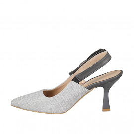 Slingback a punta da donna con cinturino dotato di elastico in tessuto intrecciato grigio chiaro e pelle grigia, tacco 7 - Misure disponibili: 31, 32, 33, 34, 42, 43, 44, 45 2