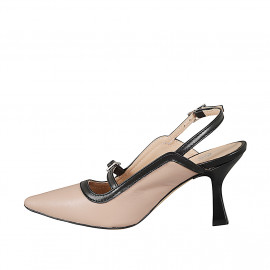 Slingback a punta da donna modello Mary Jane in pelle nude con profili in pelle nera e tacco 7 - Misure disponibili: 31, 32, 33, 34, 42, 43, 44, 45 2