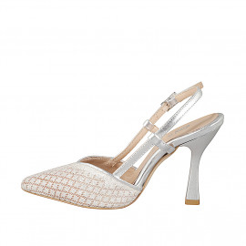 Slingback a punta da donna in tessuto argento brillante e pelle laminata argento tacco 9 - Misure disponibili: 31, 32, 33, 34, 42, 43, 44, 45 2