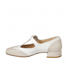 Ballerines pour femmes avec courroie en T, en cuir blanc et bout droit en cuir beige avec talon 3 - Pointures disponibles:  32, 33, 34, 35, 42, 43, 44, 45 2
