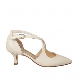 Woman's open pointy pumps with cross straps in ivory leather and with heel 5 - Available sizes:  32, 33, 34, 35, 42, 43, 44, 45