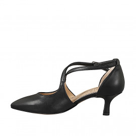 Ouvert Escarpins pour femmes à bout pointu avec croisé courroies en cuir noir et talon 5 - Pointures disponibles:  32, 33, 34, 35, 42, 43, 44, 45 2