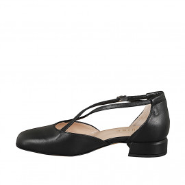 Zapato abierto para mujer con punta cuadrada y cinturón cruzado en piel de color negro tacón 3 - Tallas disponibles:  32, 33, 34, 35, 42, 43, 44, 45 2