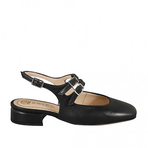 Slingback à bout droit pour femmes style Mary Jane avec double courroie en cuir noir et talon 3 - Pointures disponibles:  32, 33, 34, 35, 42, 43, 44, 45