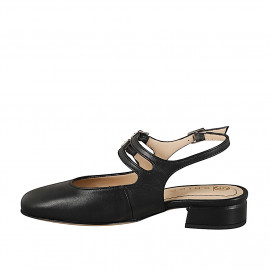 Zapato destalonado a punta cuadrada para mujeres, estilo Mary Jane con doble hebilla en piel de color negro y con tacón 3 - Tallas disponibles:  32, 33, 34, 35, 42, 43, 44, 45 2