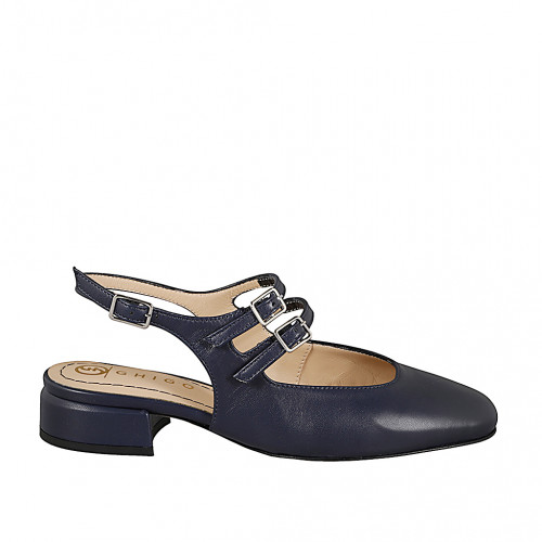 Slingback à bout droit pour femmes style Mary Jane avec double courroie en cuir bleu foncé et talon 3 - Pointures disponibles:  32, 33, 34, 42, 43, 44, 45