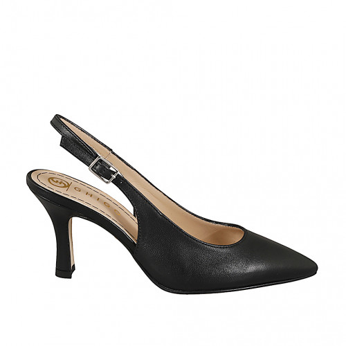 Slingback a punta senza ornamenti da donna in pelle nera con tacco 7 - Misure disponibili: 32, 33, 34, 35, 42, 43, 44, 45