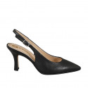 Slingback à bout pointu pour femmes en cuir noir sans ornements et talon 7 - Pointures disponibles:  32, 33, 34, 35, 42, 43, 44, 45