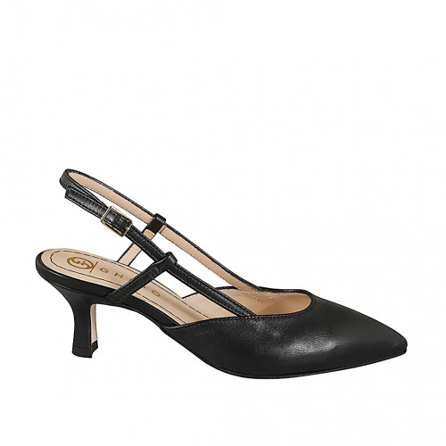 Slingback à bout pointu pour femmes en cuir noir sans ornements et talon 5 - Pointures disponibles:  32, 33, 34, 35, 42, 43, 44, 45