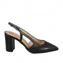 Woman's pointed Slingback in plain black leather with block heel 7 - Available sizes:  32, 33, 34, 35, 42, 43, 44, 45