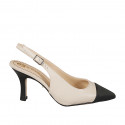 Slingback à bout pointu pour femmes en cuir beige avec bout droit et talon en cuir nuoir et talon 7 - Pointures disponibles:  32, 33, 34, 35, 42, 43, 44, 45