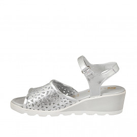 Women's sandal with memory foam footbed and Velcro strap, in pierced laminated silver leather, wedge heel 5 - Available sizes:  32, 33, 34, 42, 43, 44, 45 2