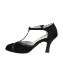 Woman's open shoe with rounded tip and T-Strap, in black suede and leather, heel 7 - Available sizes:  31, 32, 33, 34, 35, 42, 43, 44, 45