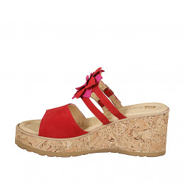 Ouvert mules pour femmes avec semelle intérieure en mousse à mémoire de forme et courroies en daim rouge, talon compensé haut 7 - Pointures disponibles:  32, 33, 34 2