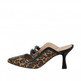 Sabot a punta da donna con doppio cinturino in camoscio con stampa maculata e profili in pelle nera con tacco 7 - Misure disponibili: 31, 32, 33, 34, 35, 42, 43, 44, 45 2