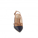 Slingback à bout pointu pour femmes modèle Mary Jane en cuir bleu foncé et bords en cuir cognac, talon 7 - Pointures disponibles:  31, 32, 33, 34, 42, 43, 44, 45