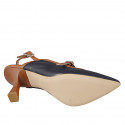 Woman's pointy Slingback with Mary Jane strap in dark blue leather with cognac leather edges, heel 7 - Available sizes:  31, 32, 33, 34, 42, 43, 44, 45