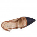 Slingback à bout pointu pour femmes modèle Mary Jane en cuir bleu foncé et bords en cuir cognac, talon 7 - Pointures disponibles:  31, 32, 33, 34, 42, 43, 44, 45