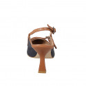 Slingback à bout pointu pour femmes modèle Mary Jane en cuir bleu foncé et bords en cuir cognac, talon 7 - Pointures disponibles:  31, 32, 33, 34, 42, 43, 44, 45