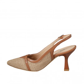 Slingback para mujer en tejido soga beis con botón y bordes en piel cognac tacon 7 - Tallas disponibles:  31, 32, 33, 34, 35, 42, 43, 44, 45 2