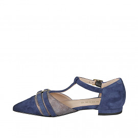 Scarpa aperta a punta con cinturino a Charleston e fibbie, in camoscio blu e pelle laminata bronzo ossidato, tacco 2 - Misure disponibili: 32, 33, 34, 42, 43, 44, 45, 46 2