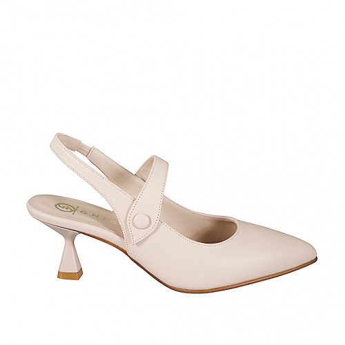 Woman's pointy Mary Jane Slingback with button in nude leather with flared heel 6 - Available sizes:  32, 33, 34, 35, 42, 43, 44, 45, 46