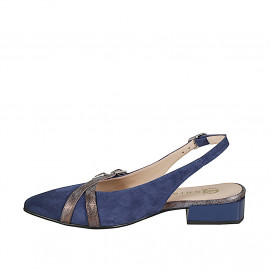 Slingback a punta da donna con fibbie in camoscio blu e pelle laminata ossidata bronzo con tacco 3 - Misure disponibili: 32, 33, 34, 35, 42, 43, 44, 45, 46 2