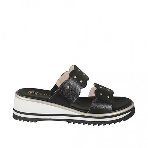 Ouvert Mules pour femmes à 2 bandes avec élastique et goujons en cuir noir et avec talon compensé 5 - Pointures disponibles:  32, 33, 34, 42, 43, 44, 45, 46