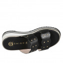 Woman's open mules with 2 bands with elastic and studs in black leather with a wedge heel 5 - Available sizes:  32, 33, 34, 42, 43, 44, 45, 46