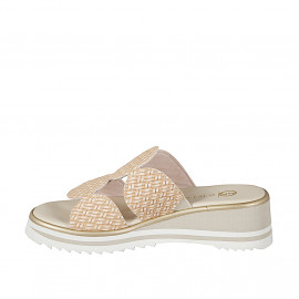 Woman's open mules with 2 bands with geometric design and elastic in beige and white braided leather with wedge heel 5 - Available sizes:  32, 33, 34, 42, 43, 44, 45, 46 2