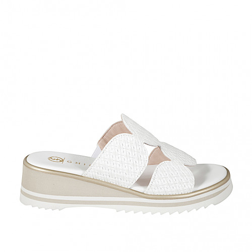 Sabot da donna con 2 fasce con motivo geometrico ed elastico in pelle intrecciata bianca con zeppa 5 - Misure disponibili: 32, 33, 34, 42, 43, 44, 45, 46
