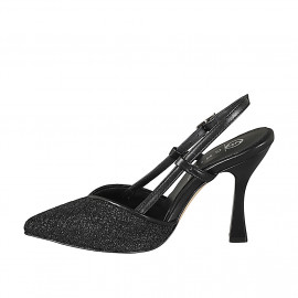 Slingback a punta da donna in tessuto nero brillante e pelle nera tacco 9 - Misure disponibili: 31, 32, 33, 34, 42, 43, 44, 45 2