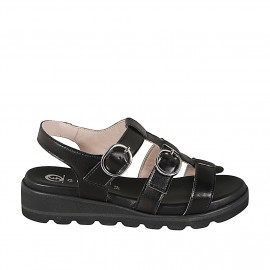 Sandalo da donna con 2 fibbie in pelle nera e zeppa 3 - Misure disponibili: 32, 33, 34, 35, 42, 43, 44, 45, 46
