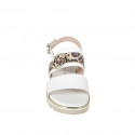 Woman's sandal with 2 bands and buckle in white leather and spotted suede, wedge heel 4 - Available sizes:  32, 33, 34, 42, 43, 44, 45, 46