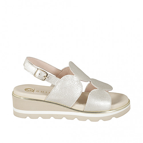 Woman's sandal with 2 bands with geometric design and elastic in laminated platinum leather with wedge heel 4 - Available sizes:  32, 42, 43, 44, 45, 46