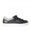Woman's lace-up sneaker with removable insole in black and silver laminated leather wedge 3 - Available sizes:  43, 44, 45