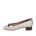 Woman's pump shoe with bow made of pierced ivory leather and details in brown leather with heel 3 - Available sizes:  32, 33, 34, 35, 42, 43, 44, 45