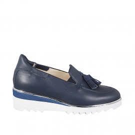 Woman's loafer with wedge heel, elastics and tassels in dark blue letaher and wedge heel 4 - Available sizes:  32, 33, 34, 35