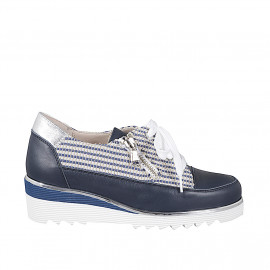 Woman's laced shoe with zipper in dark blue, laminated silver leather, and multicolor fabric with wedge heel 4 - Available sizes:  32, 33, 34, 35