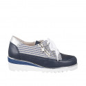 Woman's laced shoe with zipper in dark blue, laminated silver leather, and multicolor fabric with wedge heel 4 - Available sizes:  32, 33, 34, 35